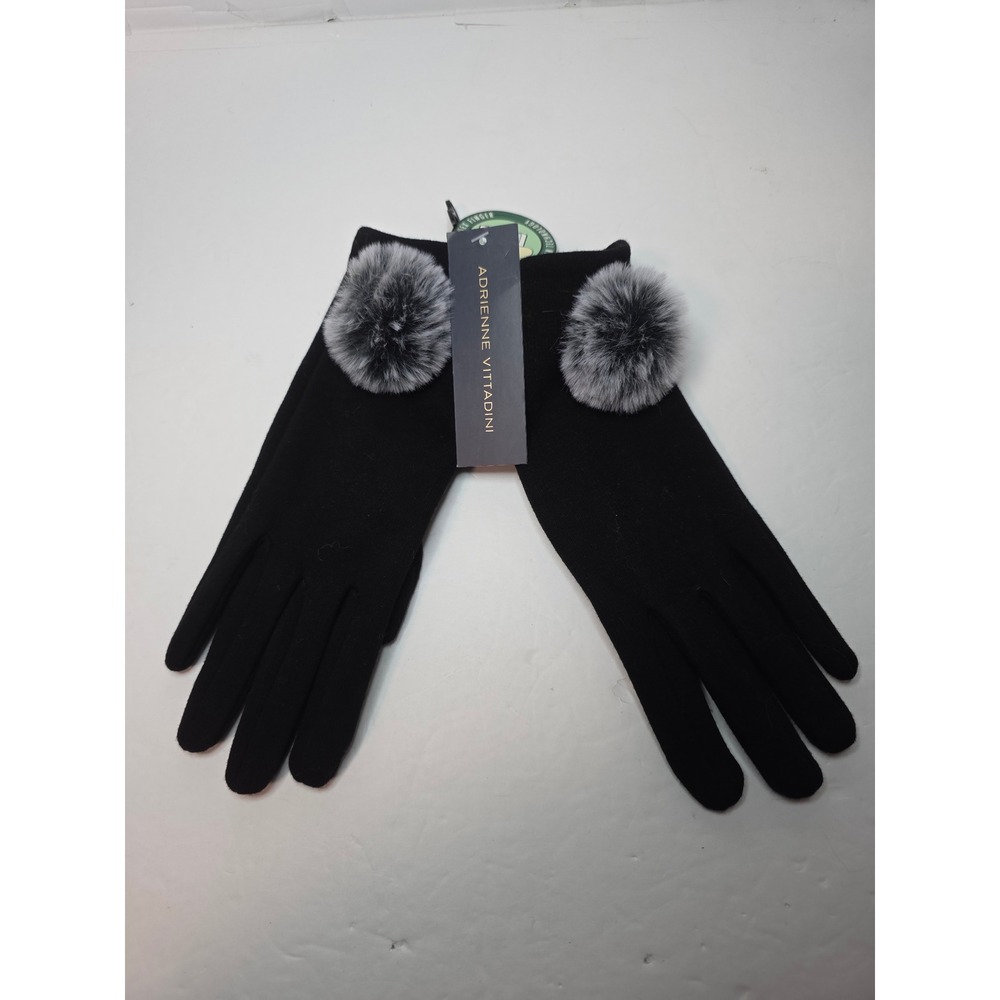 Adrienne Vittadini Black Knit Touchscreen Gloves Faux Fur Pom Poms One Size NEW